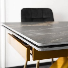 Zestaw Stół Rozkładany LUIGI 160-240 cm Czarny Marmur/Złoty i 4 Krzesła Tapicerowane YORK Czarne Glamour