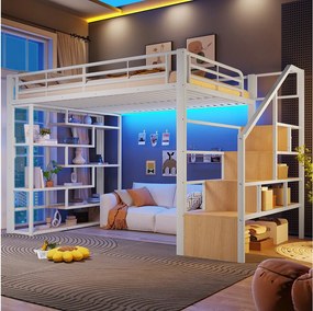 Łóżko piętrowe 140 x 200 cm ze schodkami do przechowywania, otwarte półki pod łóżkiem – Metal i płyta MDF – LED – Białe (Materac nie jest wliczony w cenę)
