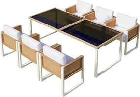 Zestaw ogrodowy z polirattanu, stół i krzesła, 7 elementów - 6 foteli + stół - rattan + tkanina - naturalny + biały