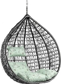 Czarne wiszące krzesło KOKON bez stojaka, jasnozielona poduszka ze wzorem