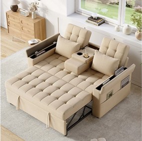 Sofa 2-osobowa z funkcją spania, pojemnikiem na pościel i regulowanym oparciem - 159 x 142,5 x 92 cm - Bawełna i len - beż