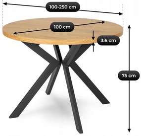 Stół Okrągły Rozkładany LUKAS 100-250 cm Dąb Złoty Nowoczesny Loft