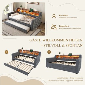 Sofa rozkładana z wysuwanym łóżkiem - 2 x 90 x 190 cm - z półką do przechowywania + diody LED + USB - welur - szara