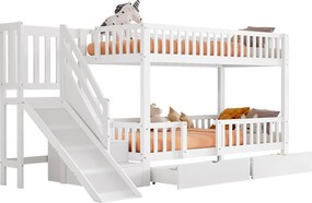 Łóżko piętrowe 2 x 90 x 200 cm z 2 szufladami i wysuwaną półką - lite drewno - białe