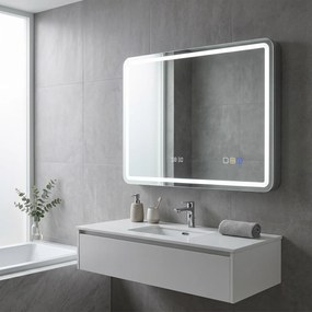 HOMCOM Lustro łazienkowe z podświetleniem LED, mata przeciwmgielna, 3 regulowane kolory, zegar, 600 x 800 mm, kolor srebrny | Aosom PL