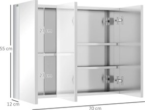 kleankin Szafka z lustrem, szafka łazienkowa, 3 drzwi lustrzane, 5 półek wewnętrznych, stal nierdzewna, Kolor: Srebrny, 70 x 12 x 55 cm