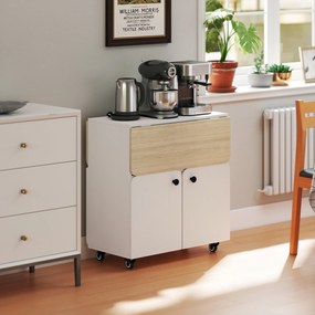 HOMCOM Składany Stół z Rolą, dwa składane boki, półka, 4 koła, Biały+Naturalne drewno, 70 x 83 x 75 cm