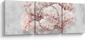 Obraz - Różowe kwiaty na ścianie (z zegarem) (90x30 cm)
