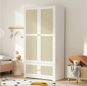 Szafa z rattanu 90 x 48 x 180 cm - Z wieszakiem i półkami - 4 drzwi z rattanu - Płyty MDF i lakierowane - Biały