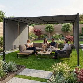 Szara pergola ogrodowa FG-362 z regulowanym zadaszeniem i roletami bocznymi