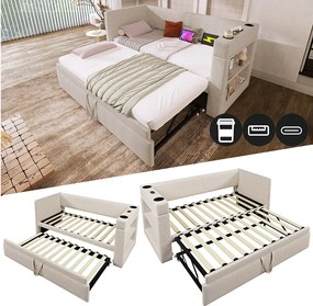 Łóżko dzienne - 2 x 90 x 190 cm - z wysuwanym łóżkiem - podłokietniki z USB typu C + schowek - drewno + bawełna + metal - beż