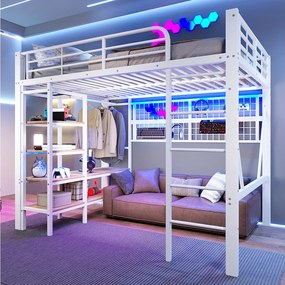 Łóżko piętrowe dla dzieci - 140 x 200 cm - rama żeliwna - z półką do przechowywania + drążek na ubrania + diody LED - metalowe - białe