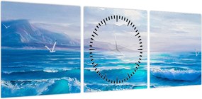 Obraz - Obraz olejny przedstawiający morze z mewami (z zegarem) (90x30 cm)