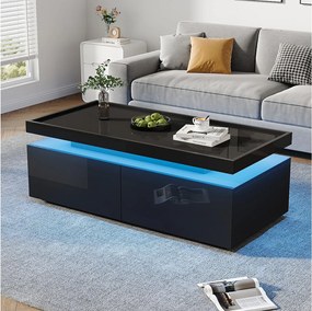 Błyszczący stolik kawowy do salonu - 95 x 45 x 35 cm - z diodami LED + 2 szuflady - płyta wiórowa - czarny