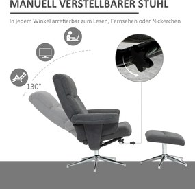 HOMCOM Fotel relax z podnóżkiem, regulowane oparcie, wykończenie aksamitem, do 150 kg, Antracyt