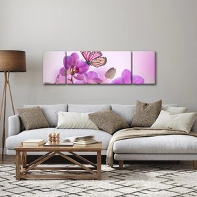 Obraz - Motyl na kwiatach orchidei, liliowy (170x50 cm)