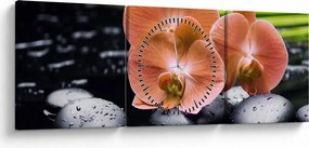 Obraz - Pomarańczowa orchidea z liśćmi palmy (z zegarem) (90x30 cm)