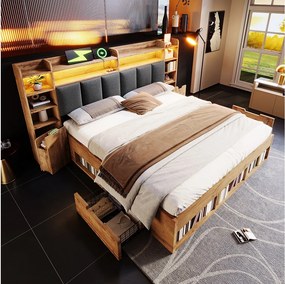 Łóżko podwójne z pojemnikiem w wykończeniu dębowym - 180 x 200 cm - z zagłówkiem + oświetlenie LED + stoliki nocne + szuflady - drewno - naturalne