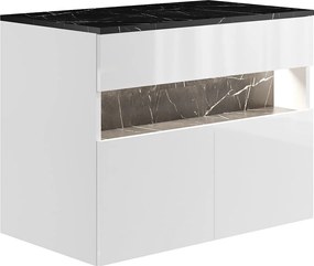 Szafka pod umywalkę wisząca z oświetleniem LED i blatem - Biały i czarny z efektem marmuru - szer. 80 cm - POZEGA