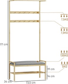 HOMCOM Garderoba z Ławką na Buty, Drążkiem na Ubrania, 10 Haczykami, Półką na Buty, Bambus