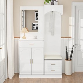 Szafa/kombinacja szafy i szafki na buty z lustrem + 1 szuflada + 3 drzwi - 110 x 33 x 185,5 - MDF - biały