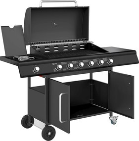 Outsunny Grill Gazowy na Kółkach z Przeszklonym Magazynkiem, Boczny Stół, Boczny Palnik, Półka Grzewcza, Termometr, Stal Nierdzewna, Czarny