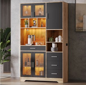 Nowoczesny kredens kuchenny 100x40x185cm - z gniazdkiem i LED - z 4 szufladami i 5 drzwiami - półki regulowane - Naturalny + Czarny