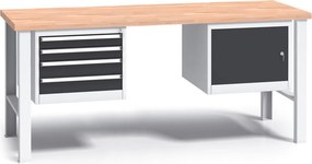 Profesjonalny stół warsztatowy G3 z drewnianym blatem roboczym, 2000 mm, 1x 4 szufladowy kontener, 1x szafka, grafitowy