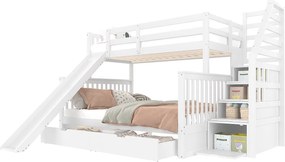 Łóżko piętrowe z litego drewna - 90x200cm + 140x200cm - ze schodkami do przechowywania i zjeżdżalnią - białe