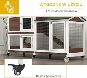 PawHut Domek dla małych zwierząt na kółkach, domek dla królików miniaturowych, wybieg, dach bitumiczny, domek dla małych zwierząt, wybieg dla królików miniaturowych, drewno, stal, brązowy | Aosom PL