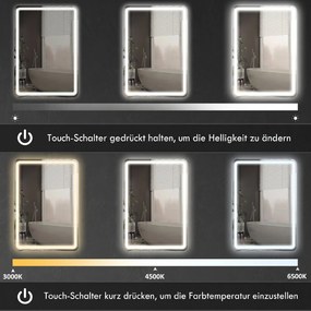 HOMCOM Lustro łazienkowe, podświetlane, sterowanie dotykowe, bez zaparowania, ściemnialne, 3 kolory światła, 70 x 100, srebrne | Aosom PL
