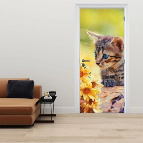 Fototapeta na drzwi - Kotek patrzący na kwiat (95x205cm)