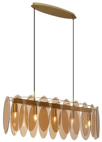 Lampa wisząca w stylu Art Deco złota z bursztynowym szkłem owalna 5-punktowa - Mochan ArtDeco Oswietlenie wewnetrzne