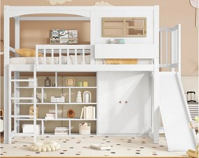 Łóżko mezzanine z drewna i MDF - 90x200 cm - z półkami, szafą i zjeżdżalnią - Białe
