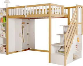 Łóżko drewniane na antresoli 90x200cm - z szafą, półkami i schodami do przechowywania - Białe