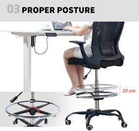 HOMCOM Fotel biurowy Regulacja wysokości Krzesło biurkowe z regulowanym pierścieniem podnóżka, podparciem lędźwiowym, 62 x 59 x 119 cm, Czarny