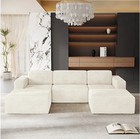 Modułowa Sofa Narożna 3-osobowa w Welurze Żebrowanym, z 2 pufami i 3 poduszkami, 303x202x82cm, Beżowy