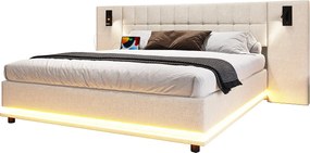 Łóżko tapicerowane dwuosobowe - 180 x 200 cm - z diodami LED + zagłówek z oświetleniem + USB - len - beż