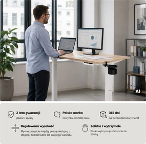 Biurko elektryczne z regulacją wysokości ergonomiczne białe/dąb sonoma,1200x600 mm: ARIA