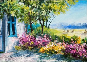 Obraz ogrodu przed domem, obraz olejny (70x50 cm)