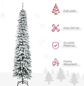 HOMCOM Sztuczna Choinka Świąteczna z Efektem Śniegu, Wąska Konstrukcja, Niepalne Gałęzie, 210 cm, Zielony/Biały | Aosom PL