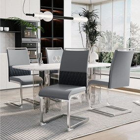 Zestaw 4 krzeseł do jadalni - Szara sztuczna skóra i len - Tapicerowane oparcie - Srebrne nogi