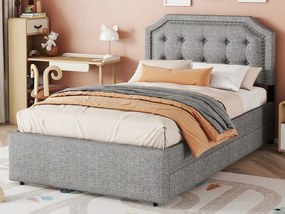 Łóżko tapicerowane 90 x 200 cm, poszycie z tkaniny lnianej z ozdobnymi nitami, 2 szuflady i dno z listew, kolor szary