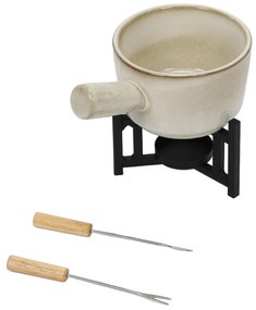 Zestaw do fondue serowego, rondelek z porcelany, 2 widelce