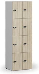 Drewniana szafka skrytkowa, 8 schowków, zamek mechaniczny z kodem, szary/dąb naturalny