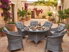 Meble stołowe z technorattanu (6 foteli + duży okrągły stół) MODERNO szary