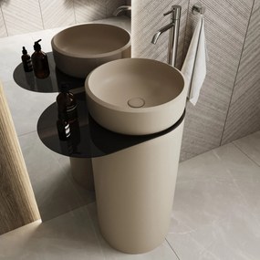Umywalka z konglomeratu wolnostojąca okrągła z półką szklaną 85 x 40 cm RONA bez przelewu | Różne kolory półki : Kolor szkła - Czarny, Kolor umywalki RONA - Beż matowy, Półka - Szklana