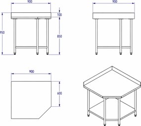 Narożny stół roboczy ze stali nierdzewnej, 900 x 600 x 850 mm