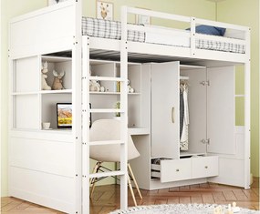 Łóżko mezzanine 90x200 cm - z drabinką - z biurkiem - z szafą - 2 szuflady - biały (materac nie jest w zestawie)