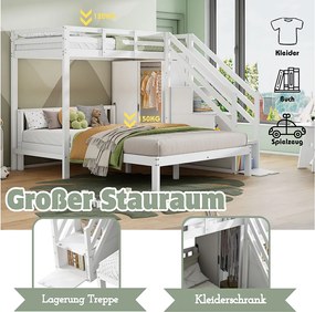 Łóżko piętrowe dla dzieci 90x200 cm + 140x200 cm - z szafą i schodami do przechowywania - z litego drewna i MDF - Białe